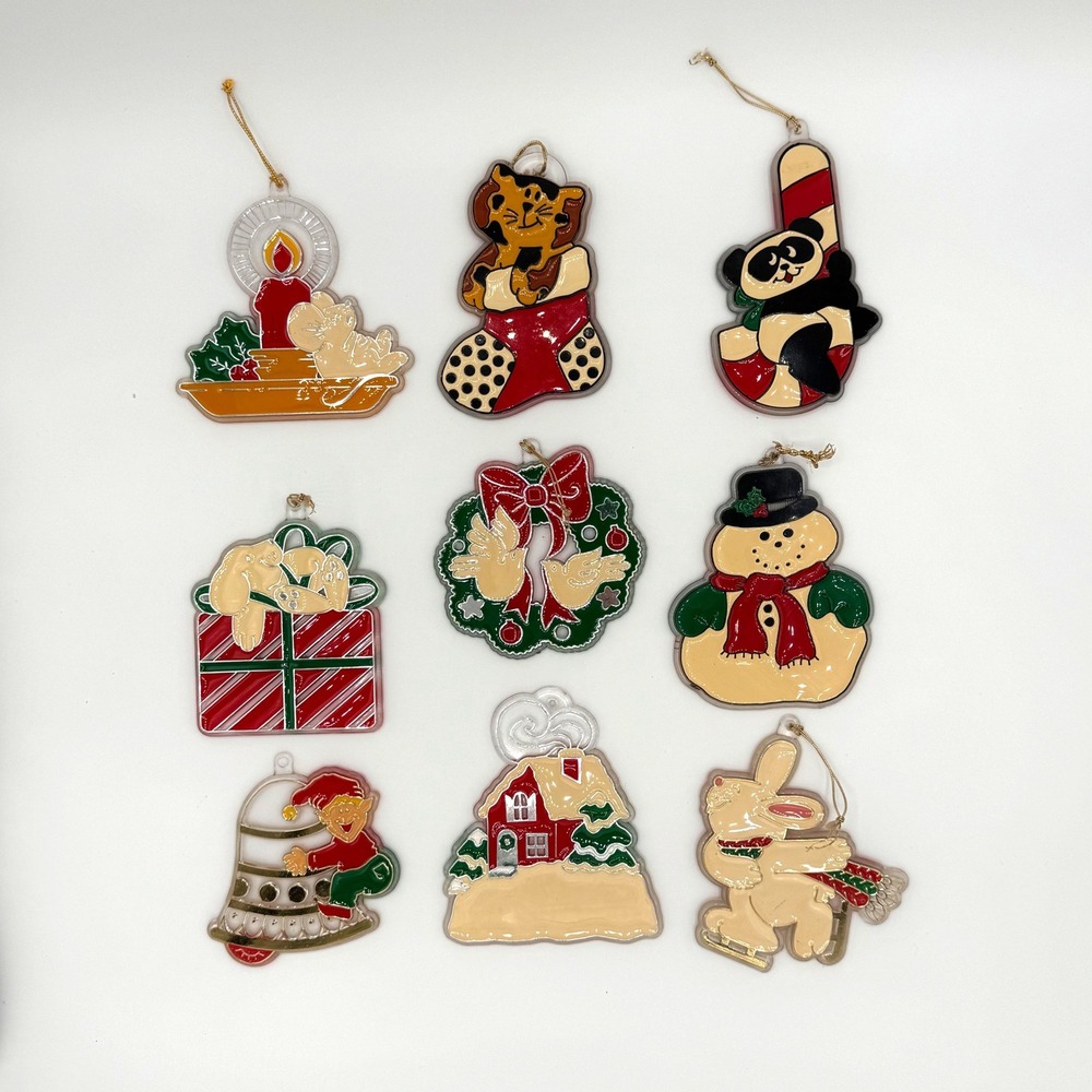 Vintage Christmas Suncatcher Ornaments Set of 9 Plastic Panda Cat Snowman Elf